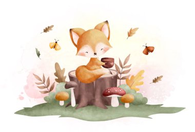 Şirin tilki ve sonbahar yaprakları, suluboya çizimler