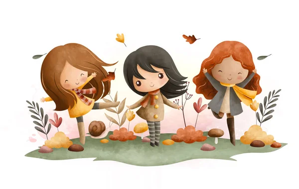 Акварель Иллюстрация Милые Маленькие Девочки Саду Цветами Осенними Листьями — стоковый вектор