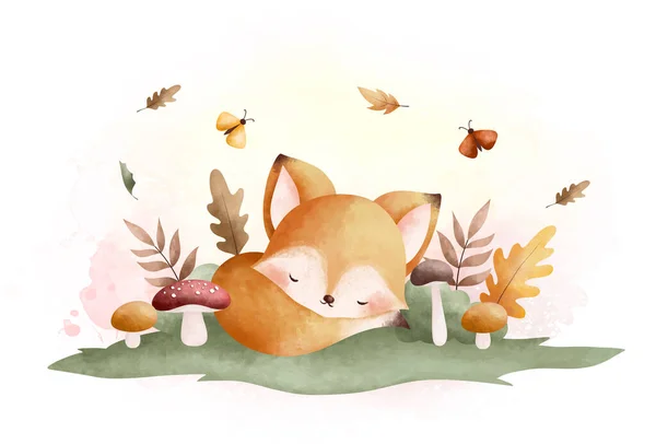 Cute Little Fox Squirrel Autumn Forest Watercolor Illustration — Stock Vector