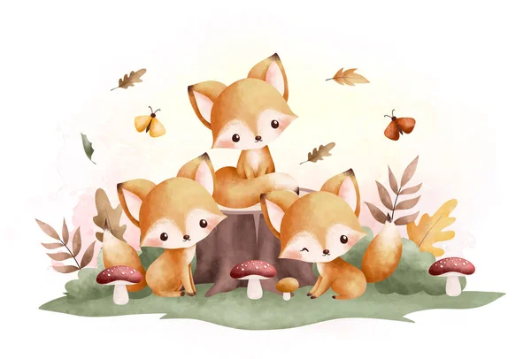 かわいい狐と紅葉水彩画 — ストックベクタ
