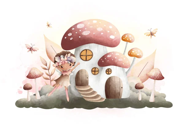 Watercolor Illustration Beautiful Fairy Mushroom House Vinage Color — Stock Vector