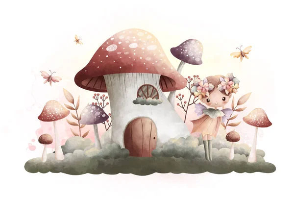 Watercolor Ilustração Bela Fada Com Casa Cogumelos Cor Vinha — Vetor de Stock