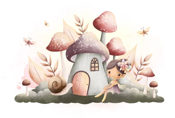 水彩画美丽的仙女与香菇屋的古典色彩 — 图库矢量图片