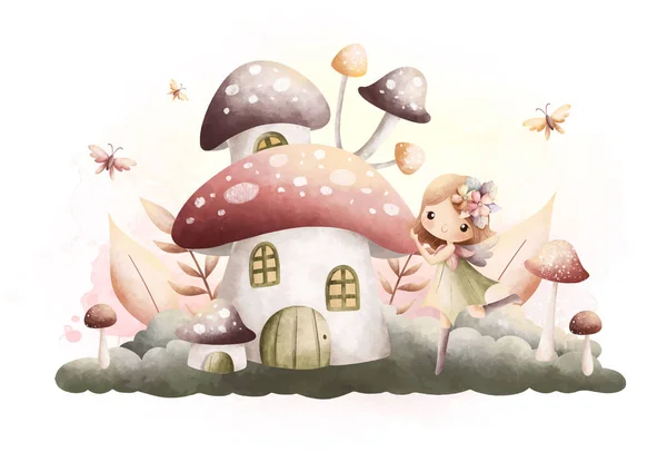 Watercolor Ilustração Bela Fada Com Casa Cogumelos Cor Vinha —  Vetores de Stock