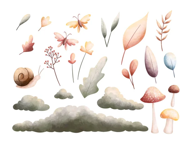 Akvarell Készlet Kézzel Rajzolt Gombák Virágok Levelek — Stock Vector