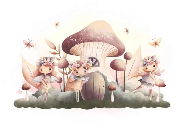 水彩イラスト ヴィンテージカラーでキノコの家と美しい妖精 — ストックベクタ