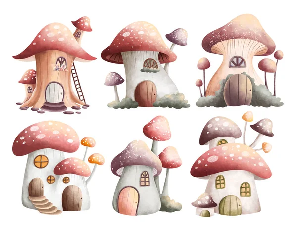 Set Cute Fairy Tale Forest Mushrooms Trees — Stock Vector