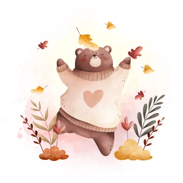Watercolor Illustration Cute Bear Garden Autumn Leaves — Stock Vector