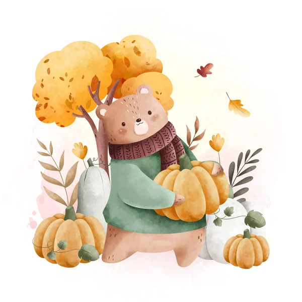 Watercolor Illustration Cute Bear Pumpkin Tree Autumn Leaves — Stock Vector