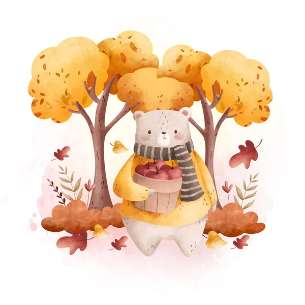 Watercolor Illustration Cute Bear Apple Basket Tree Autumn Leaves — Stock Vector