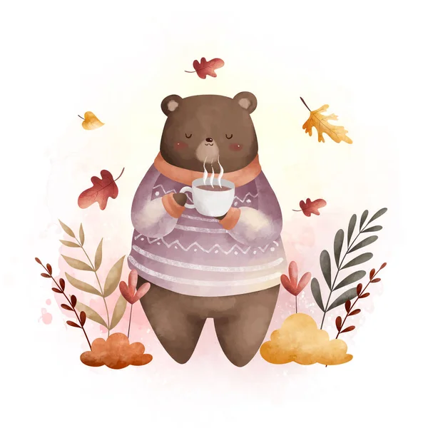 Watercolor Ilustração Bonito Urso Bebe Chá Quente Jardim Com Folhas — Vetor de Stock