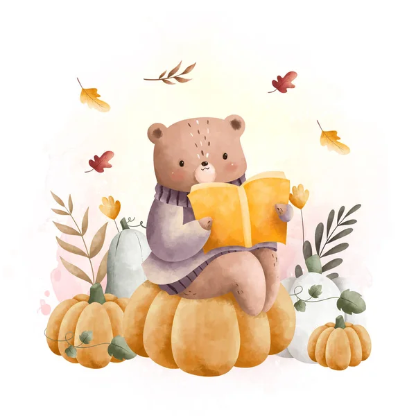 Watercolor Illustration Cute Bear Reads Book Pumpkin Garden — Stock Vector