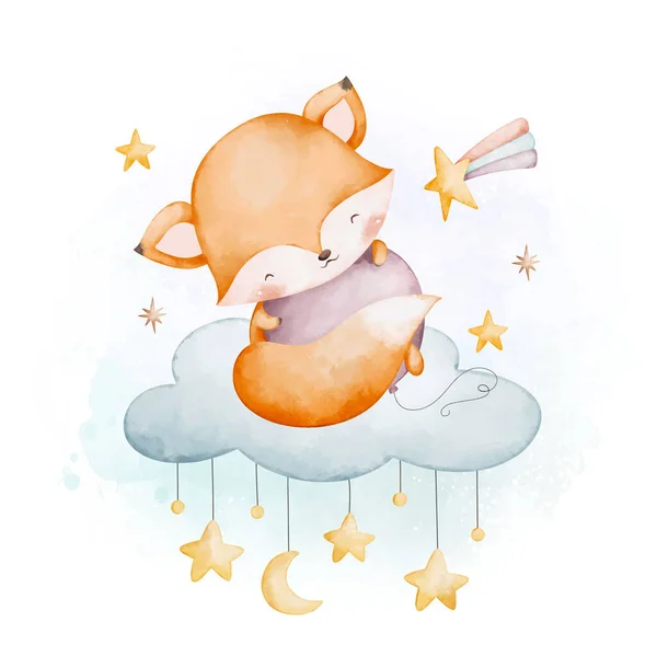云中的可爱的卡通狐狸 水彩画 — 图库矢量图片