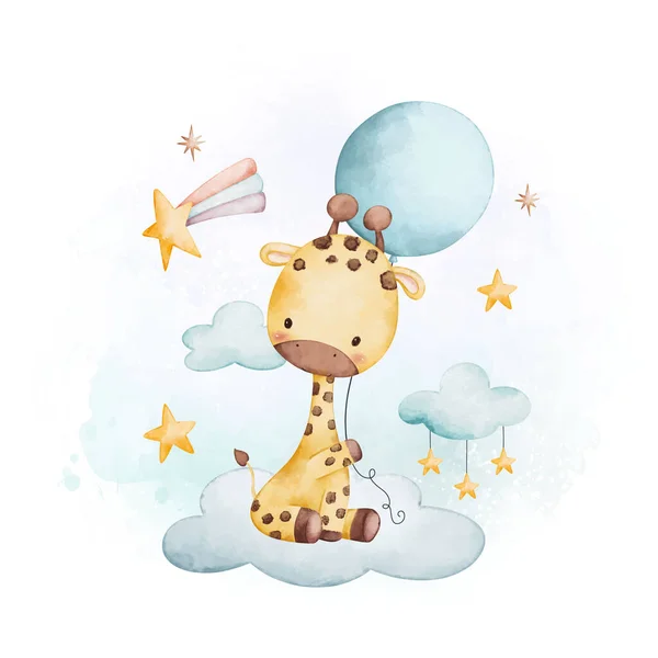 Giraffe Met Een Ballon Aquarelillustratie — Stockvector
