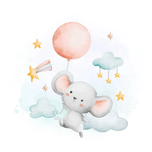 Υδατογραφία Εικόνα Μωρό Ποντίκι Και Μπαλόνι Κάθεται Στο Σύννεφο Αστέρια — Διανυσματικό Αρχείο