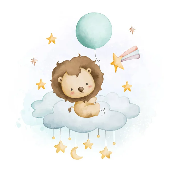 可爱的狮子和气球在云端 水彩画手绘插图 — 图库矢量图片