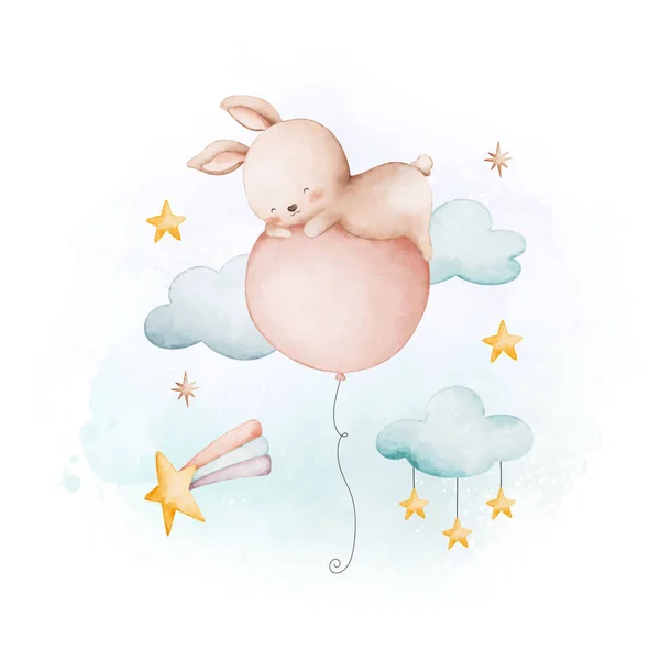 Hand Drawn Watercolor Illustration Cute Baby Rabbit Moon — Stock Vector