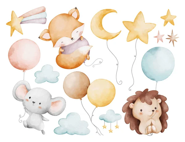 Aquarell Illustrationen Set Von Baby Tieren Und Ballon — Stockvektor