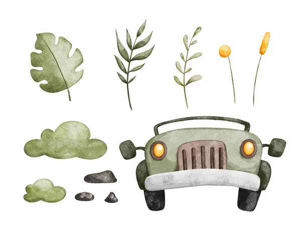 Aquarelle Illustration Set Feuilles Tropicales Jeep Safari — Image vectorielle