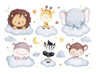 Suluboya resimli safari hayvanları ve bulut