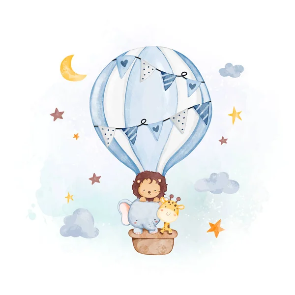 Watercolor Ilustração Animais Bonitos Balão Quente Com Nuvens Estrelas — Vetor de Stock