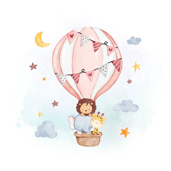 Watercolor Ilustração Animais Bonitos Balão Quente Com Nuvens Estrelas —  Vetores de Stock