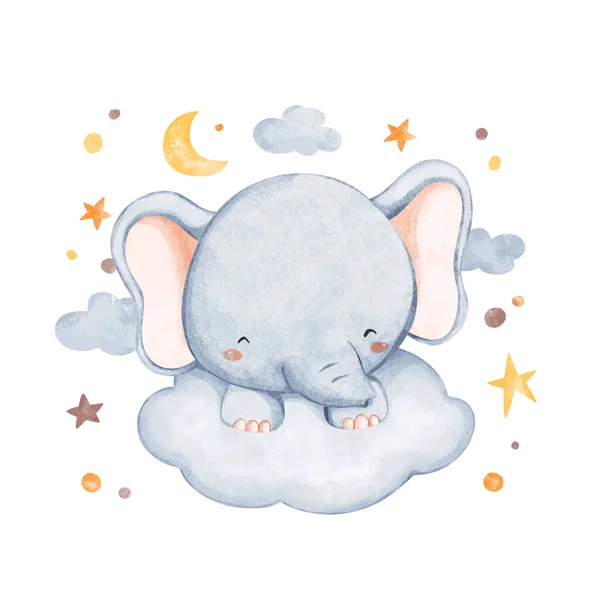 Ilustración Acuarela Elefante Nube Con Estrellas Luna — Archivo Imágenes Vectoriales