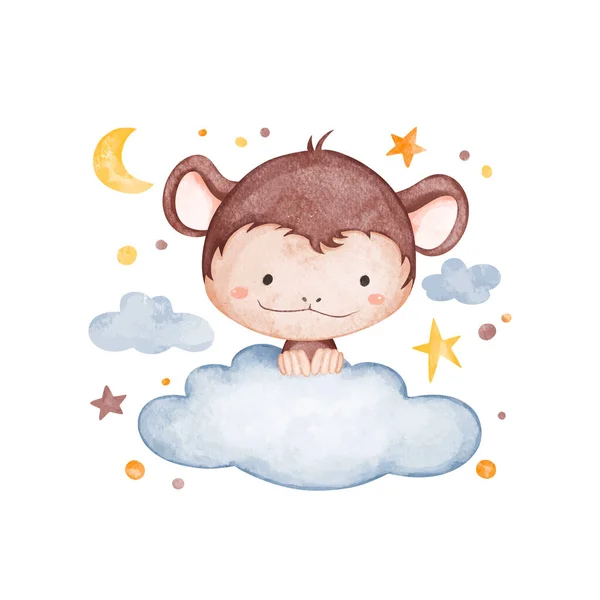 Ilustracja Akwarela Małpa Chmura Gwiazdami Księżycem — Wektor stockowy