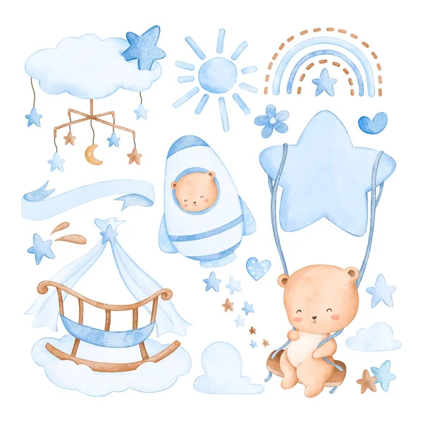 Watercolor Illustration Set Cute Nursery Clipart Baby Boy — Stock Vector