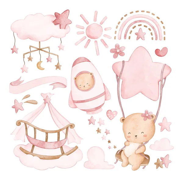 Watercolor Illustration Set Cute Nursery Clipart Baby Girl — Stock Vector