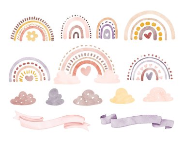 Gökkuşağı, bulutlar, kalpler. el çizimi resimleme.