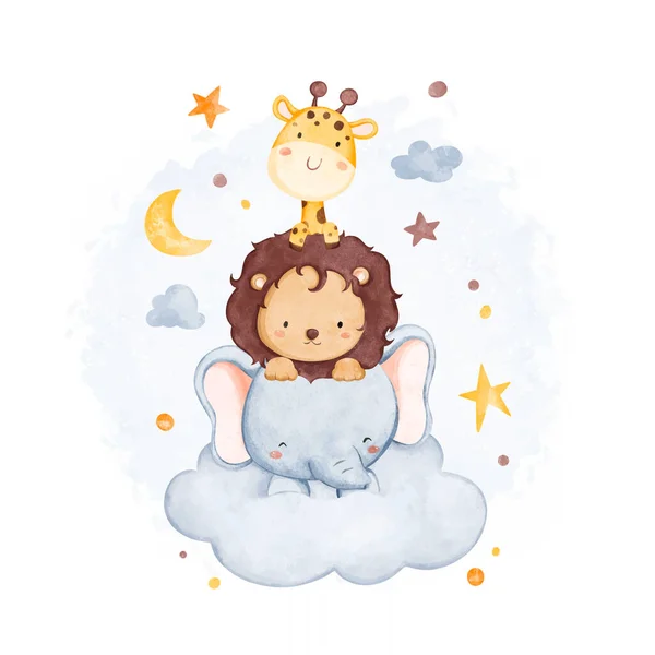 Watercolor Ilustração Bonito Safári Animais Nuvem Com Lua Estrelas —  Vetores de Stock