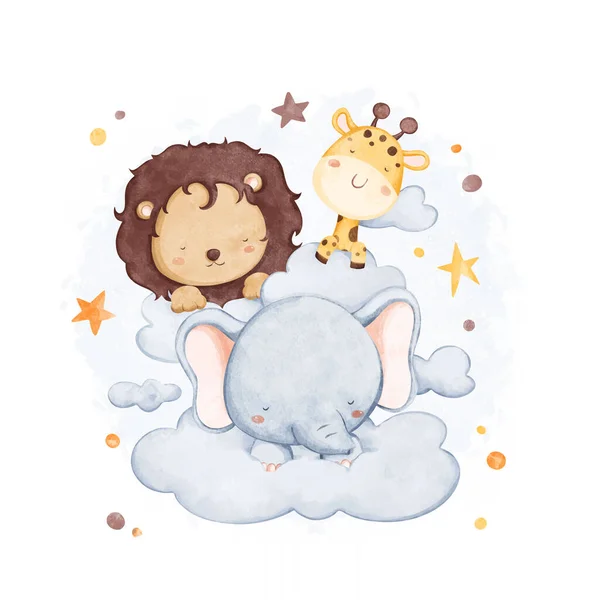 水彩イラストかわいいサファリ動物が星と雲の上で眠る — ストックベクタ