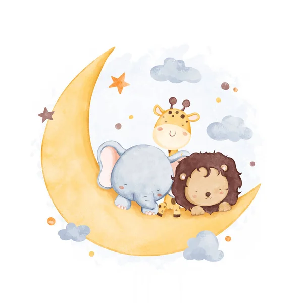 Ilustración Acuarela Lindos Animales Safari Duermen Luna Con Estrellas Nubes — Archivo Imágenes Vectoriales