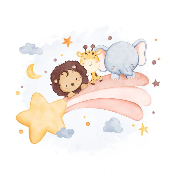 Illustration Aquarelle Animaux Safari Mignon Avec Arc Ciel Étoiles — Image vectorielle