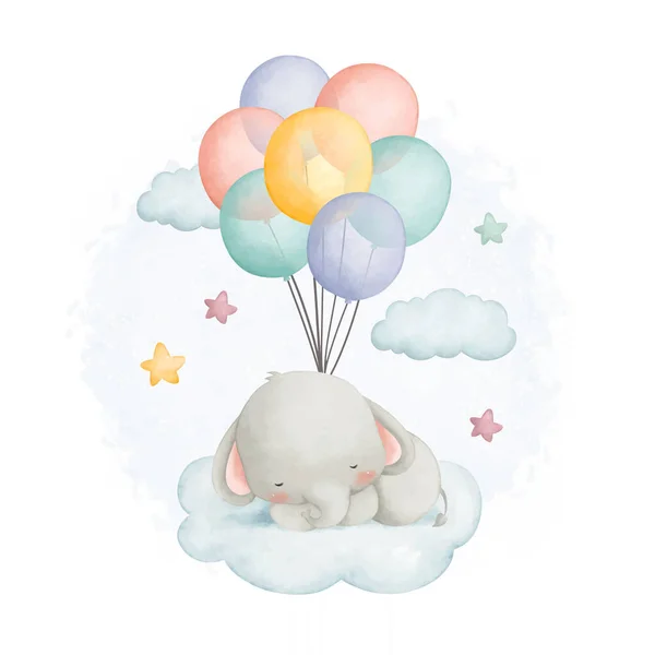 Ilustracja Akwarela Cute Słoń Śpi Chmurze Gwiazdami Balonami — Wektor stockowy