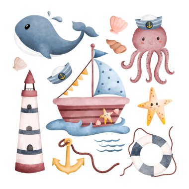 Denizcilik Suluboya Clipart kümesi