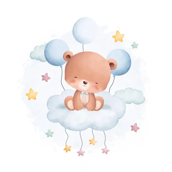 Aquarell Illustration Niedlicher Teddybär Auf Wolke Mit Sternen Und Luftballons — Stockvektor