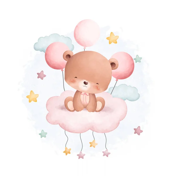 stock vector Watercolor illustration cute teddy bear on cloud with stars and balloons