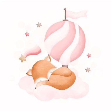 Suluboya çizimi bebek tilki pembe sıcak hava balonu ve yıldızlarla bulutların üzerinde uyur.