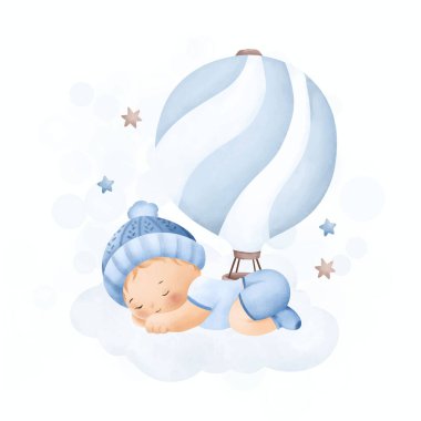 Bulutların üzerinde uyuyan, beyaz bir battaniyenin üzerinde uyuyan yeni doğmuş şirin bir bebek. vektör illüstrasyonu