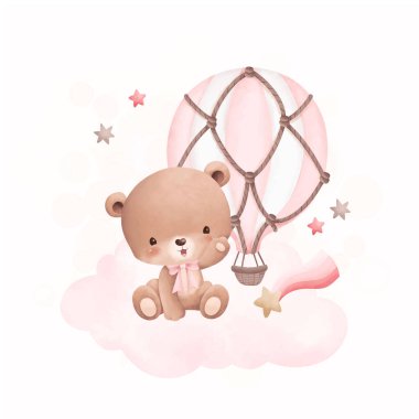 Suluboya resimli sevimli oyuncak ayı pembe sıcak hava balonu ve yıldızlarla bulutların üzerinde oturuyor.