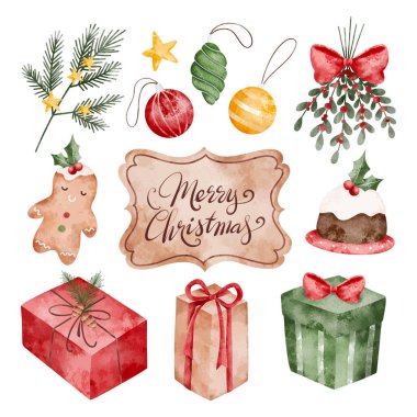 Elle boyanmış elementlerle suluboya Noel seti, Noel süslemeleri, hediye, noel, kış ağacı, çam, kutsal, kutsal, kutsal, ökseotu, kutsal ve