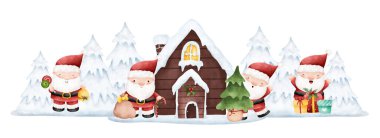 Kardan adam, Noel ağacı ve ev illüstrasyonuyla Noel sahnesi