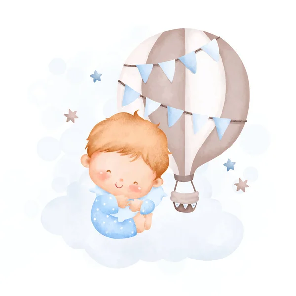 Cute Baby Boy Clouds Hot Air Balloon — Stock Vector