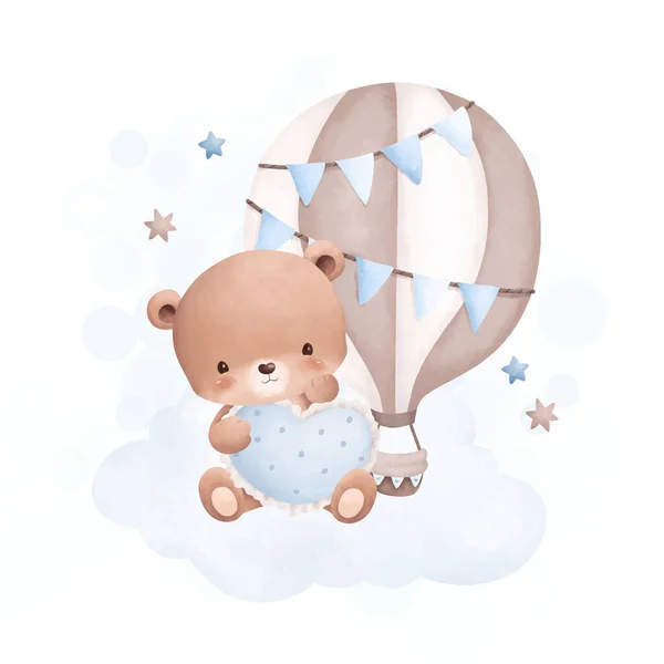 Υδατογραφία Εικόνα Χαριτωμένο Αρκουδάκι Κάθεται Στο Σύννεφο Μπλε Αερόστατο Θερμού — Διανυσματικό Αρχείο
