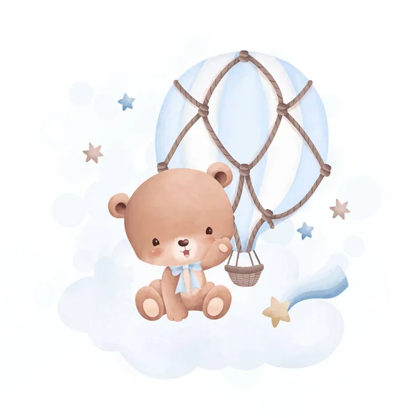 Aquarell Illustration Niedlicher Teddybär Sitzt Auf Wolke Mit Blauem Heißluftballon — Stockvektor