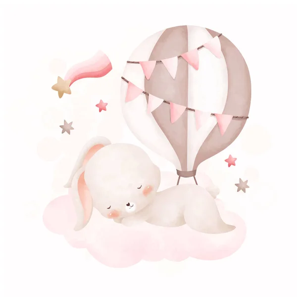 Acuarela Ilustración Bebé Conejo Duerme Nube Con Rosa Globo Aire — Vector de stock