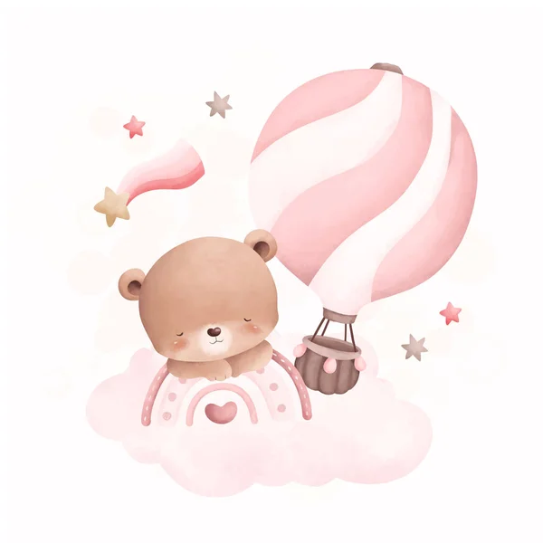 水彩画可爱的泰迪熊带着粉色热气球和星星睡在云彩上 — 图库矢量图片