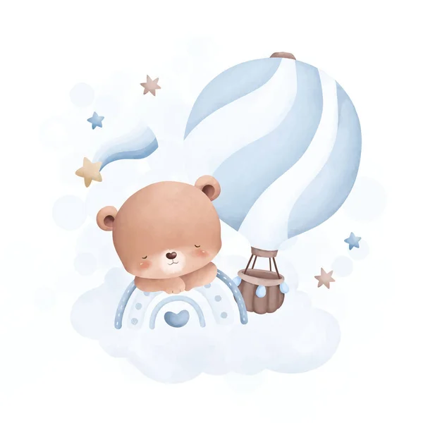 Aquarell Illustration Niedlicher Teddybär Schläft Auf Wolke Mit Blauem Heißluftballon — Stockvektor